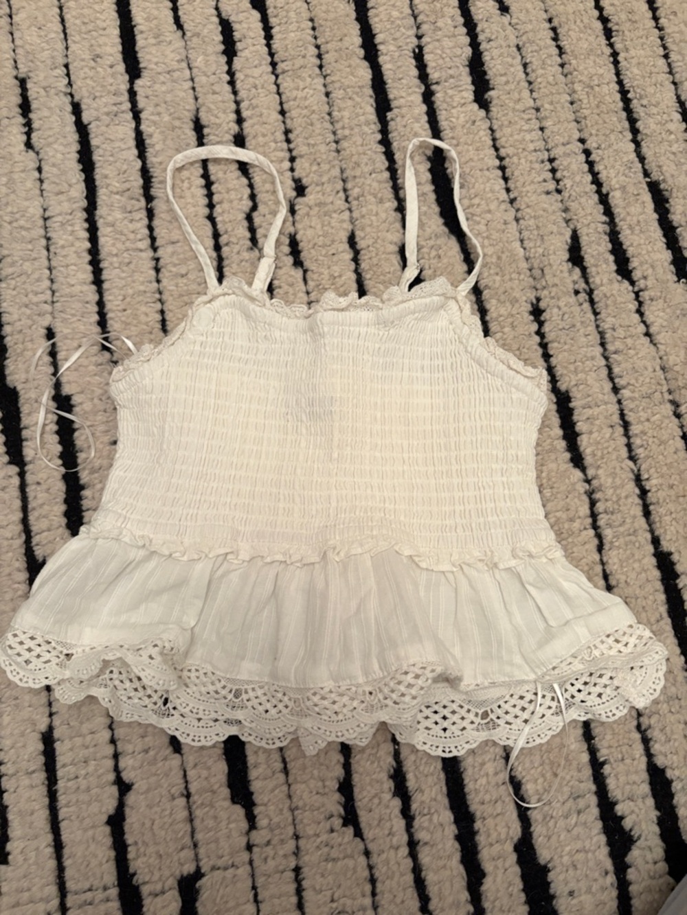 White Smocked Lace-Hem Tank Top